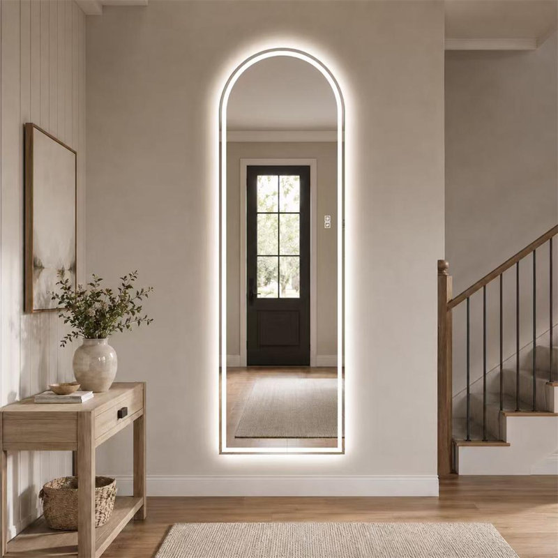 Miroir mural arqué à DEL pleine longueur avec lumières bicolores en verre argenté sans cuivre à intensité variable de 5 mm à brancher ou à brancher