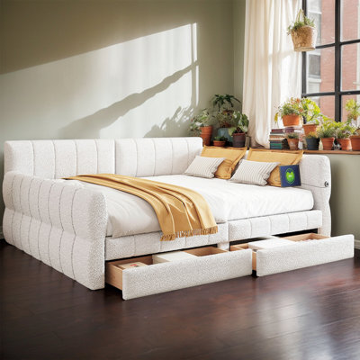 Élégant grand lit tapissier avec ports USB intégrés et tiroirs de rangement sous le lit - Design en laine d'agneau