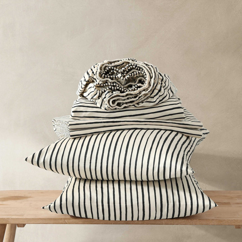 Marimekko Printed Organic Cotton Percale Sheet Sets, King Sheet Set with 2 Pillowcases, Black Striped