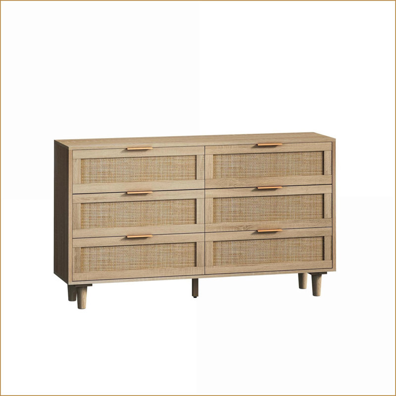 Cabinets, 51.18” 6-Drawer Natural Rattan Storage Cabinet | Scandinavian | Bedroom, Natural