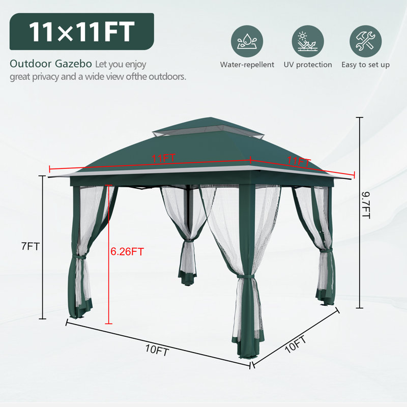 11x11ft Pop-Up Gazebo with Mosquito Netting, Water-Resistant Canopy, UV Protection & Sturdy Steel Frame, Portable Outdoor Gazebo with Carrying Bag for Patio, Backyard, Garden & Deck-Dark Green