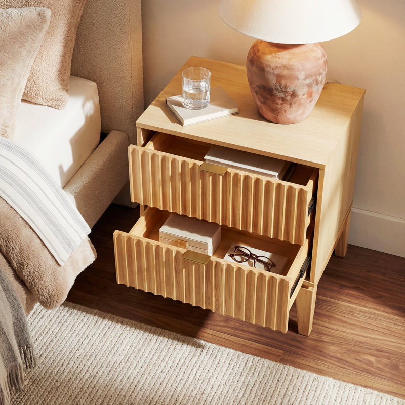 Modern Fluted Wood Nightstand with Two Drawers and Gold Hardware