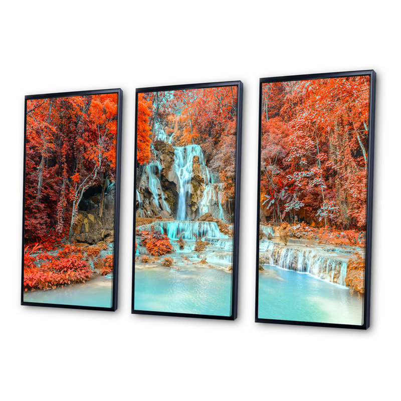 Rainforest Waterfall Loas - 3 pièces, cadre photo flottant sur toile, Cadre noir, L 36 po x H 28 po