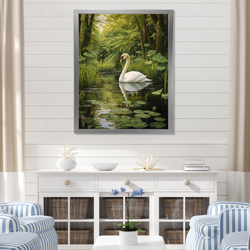 Art mural sur toile, "Swans Refuge By The Lake", Cadre simple argenté, H 32 po x l 24 po