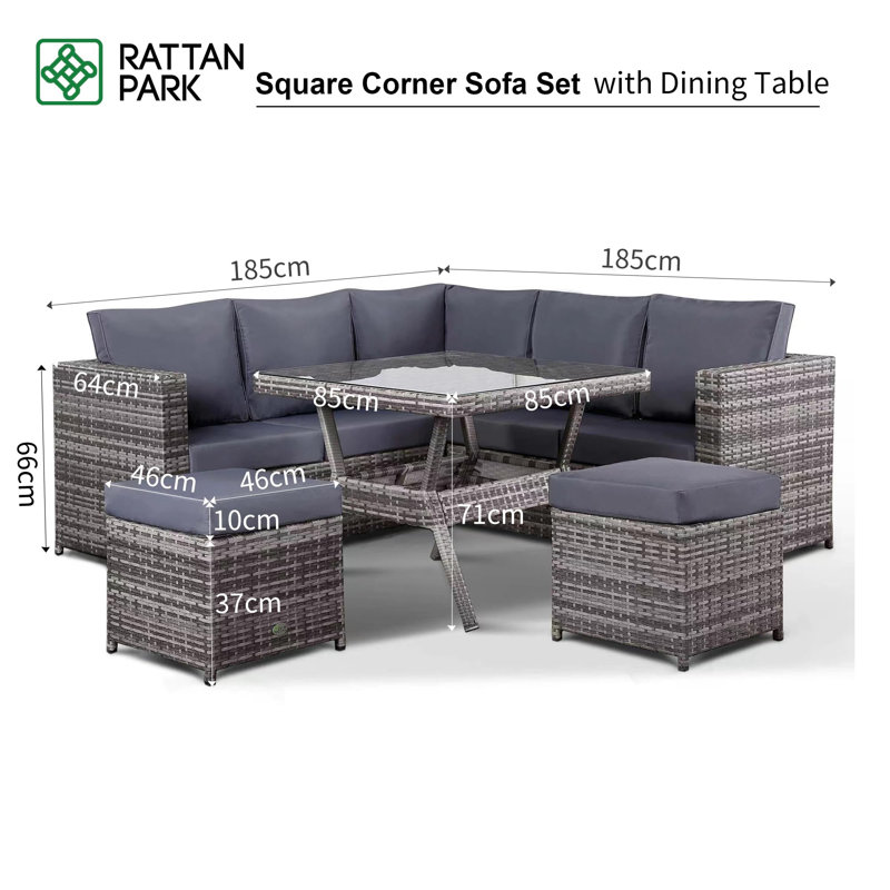 Rattan Park Modern Range Lille Corner Sofa Set With Dining Table In Grey Weave And Cushions