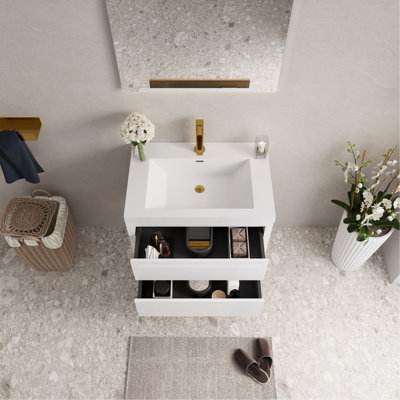 Meuble-lavabo mural 30 po avec lavabo, meuble de rangement flottant avec comptoir en résine de pierre et tiroirs à fermeture en douceur