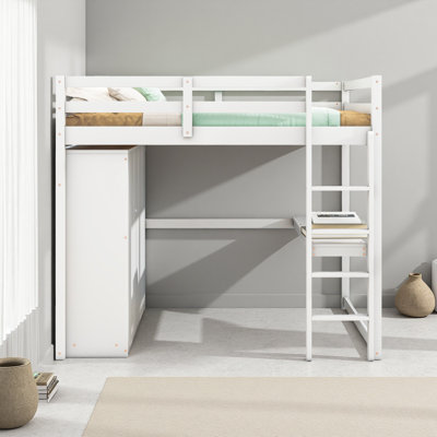 Wood Full Size Loft Bed With Built-In Wardrobe, Desk, Storage Shelves And Drawers
