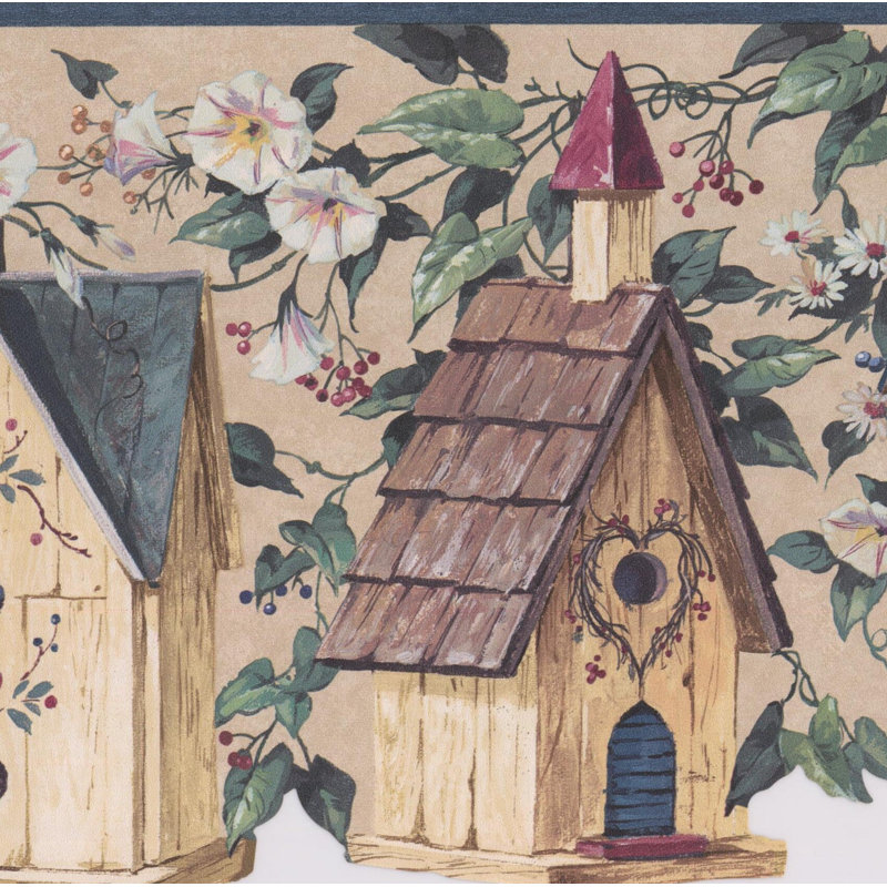 Bordure de papier peint à motif floral 15 pi x 8,6 po Sturbridge Birdhouse in Flowers on Vine