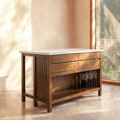 Îlot de cuisine 57,5 po avec quatre tiroirs et porte-verres à pied Serel