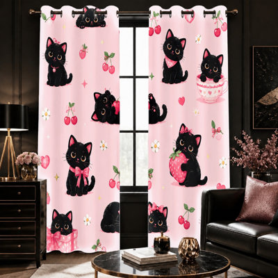 2 pièces de rideaux à imprimé de chat noir, chaton rose Kawaii avec motif cerise et fraise, adorable animal de dessin animé pour la chambre, décoration pour la maison, décoration pour enfants pour la maison