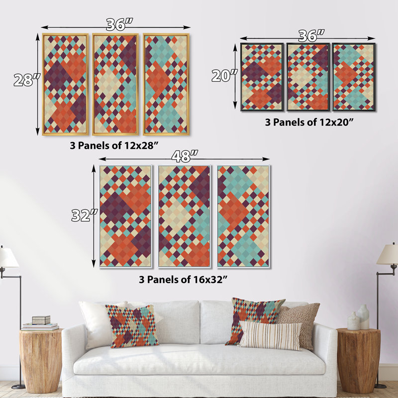 Multicolor Triangular Geometrics II - ensemble de 3 reproductions d'art encadrées sur toile, H 28 po x l 36 po x P 1 po