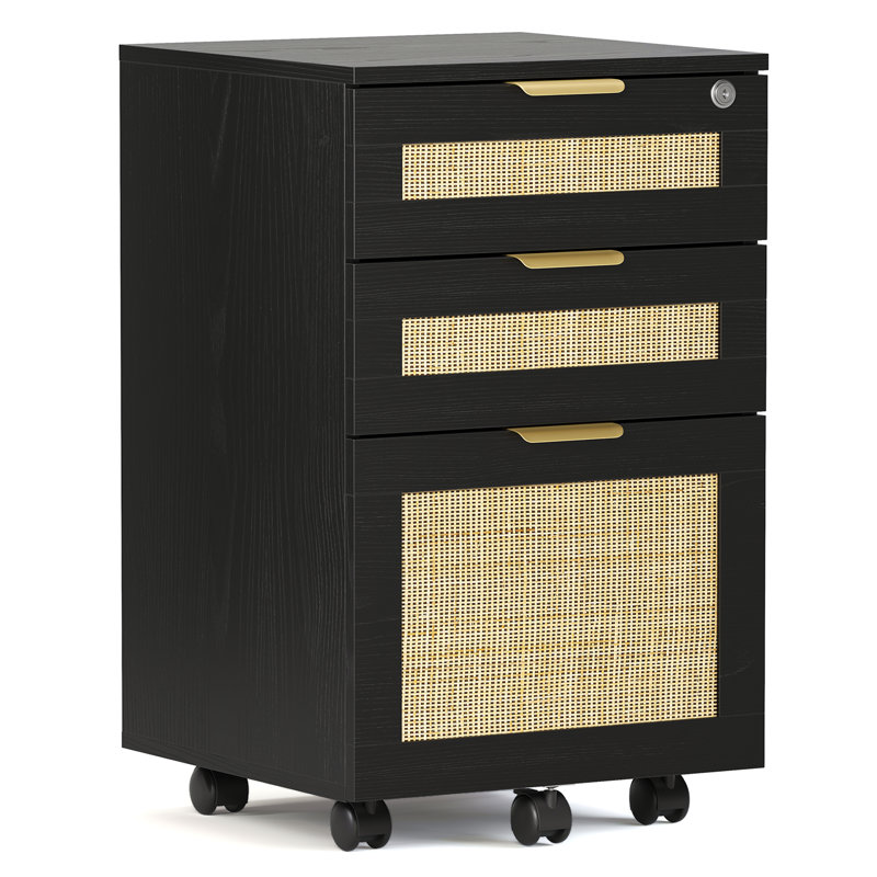 Classeur en rotin 15,75 "avec serrure et 3 tiroirs, Black