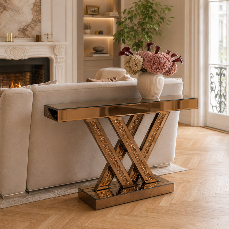 Console moderne de 35,43 po avec incrustation de diamant concassé, table d'entrée en verre à miroir brun pour le salon, le couloir