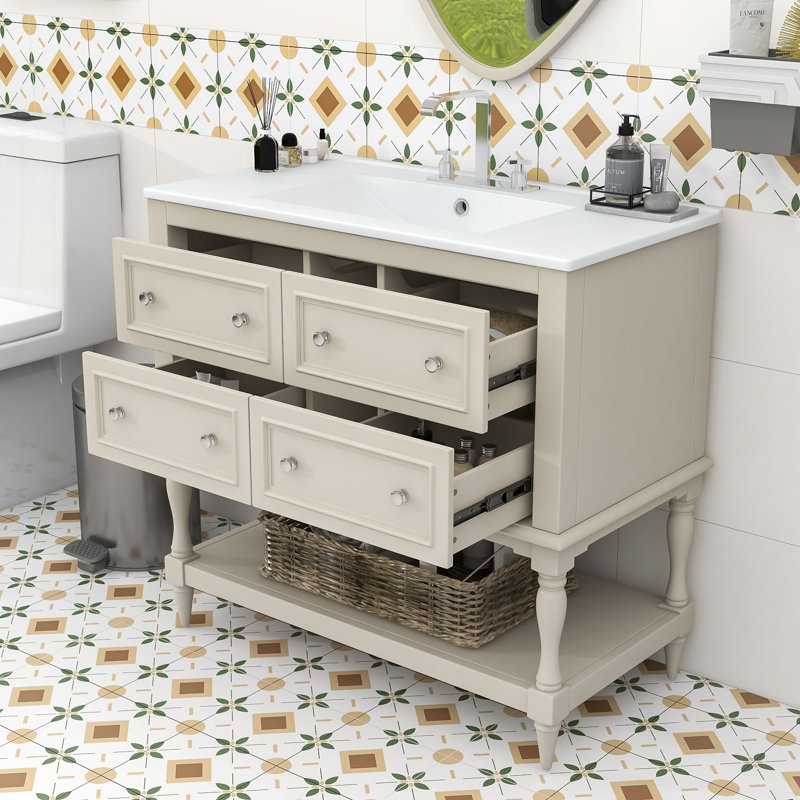 Ensemble de meuble-lavabo autoportant de 36 pouces avec lavabo en céramique et rangement réglable Ellishia, Beige