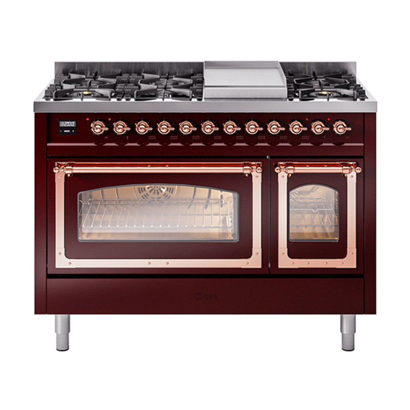 ILVE Nostalgie II Series Noblesse 48 inch Dual Fuel Range with 8 Sealed Burners, Griddle (Glass Door), Copper, Burgundy