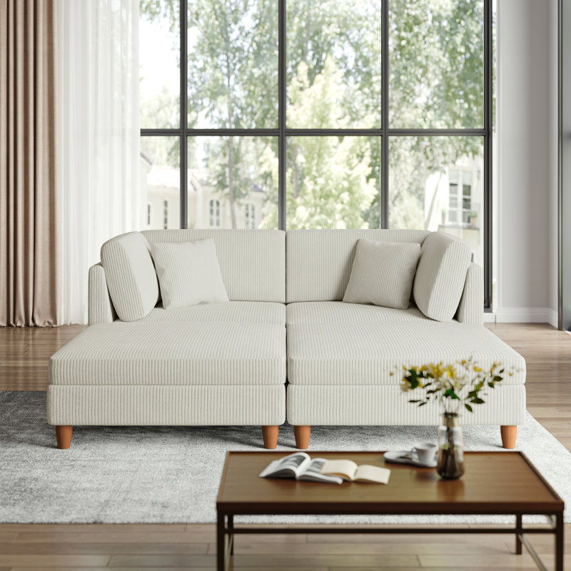 Seemab 4 - Piece Upholstered Beige Corduroy Modular Sectional with Pillow Back and Removable Ottoman, Beige