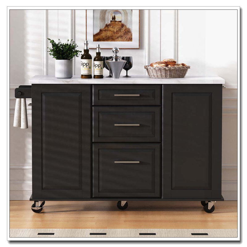 Rolling Kitchen Island with Storage Tilt Trash Can Cabinet and Pull Out Cabinet Organizer, Black