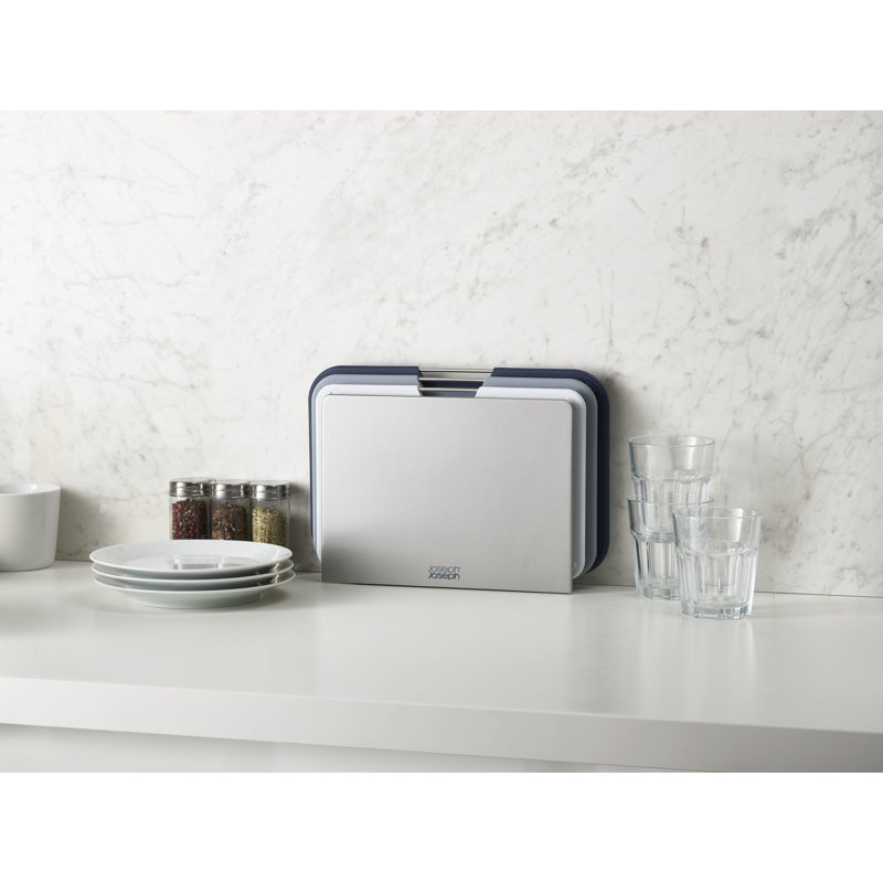 Gray and Blue Plastic 3-Piece Cutting Board Set with Stand