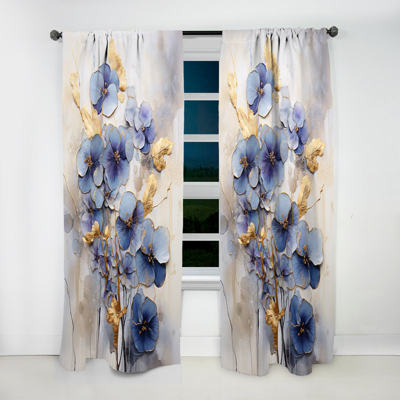 Yoselin Blue and Gold Minimalism Violets II - Traditional Curtain - Velvet Room Darkening - 1 Panel, 52" W x 120" L