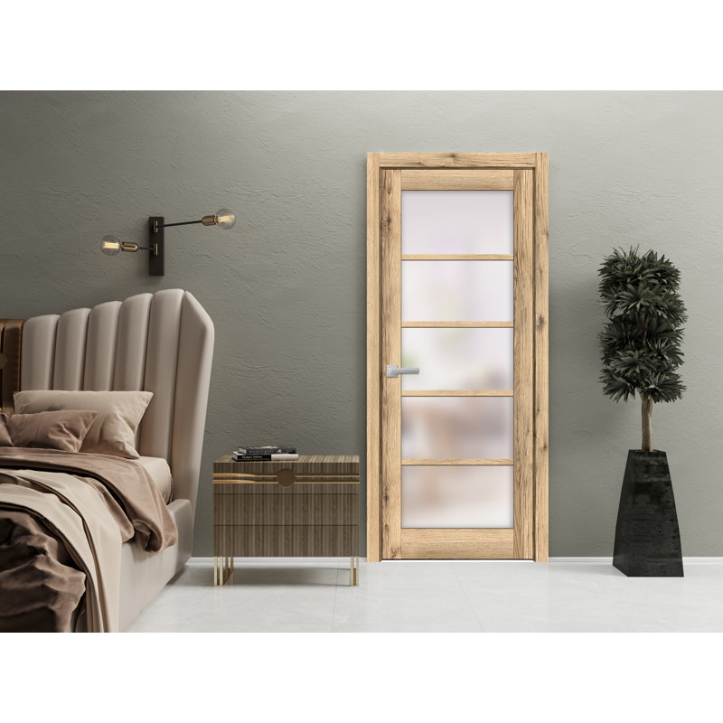 Modern Oak 36" x 96" Single French Door with Frosted Glass