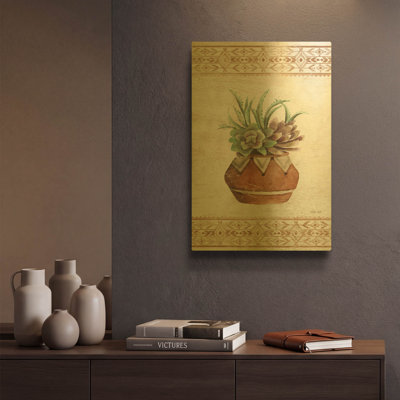 «Southwest Terracotta Succulents II» par Cindy Jacobs, art mural en métal doré, 12 po x 16 po