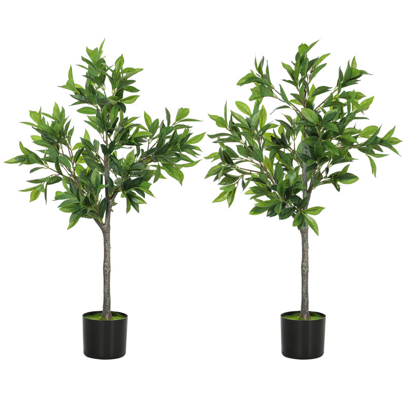 Ensemble de 2 fausses plantes avec 345 feuilles, arbres de laurier réalistes, vert