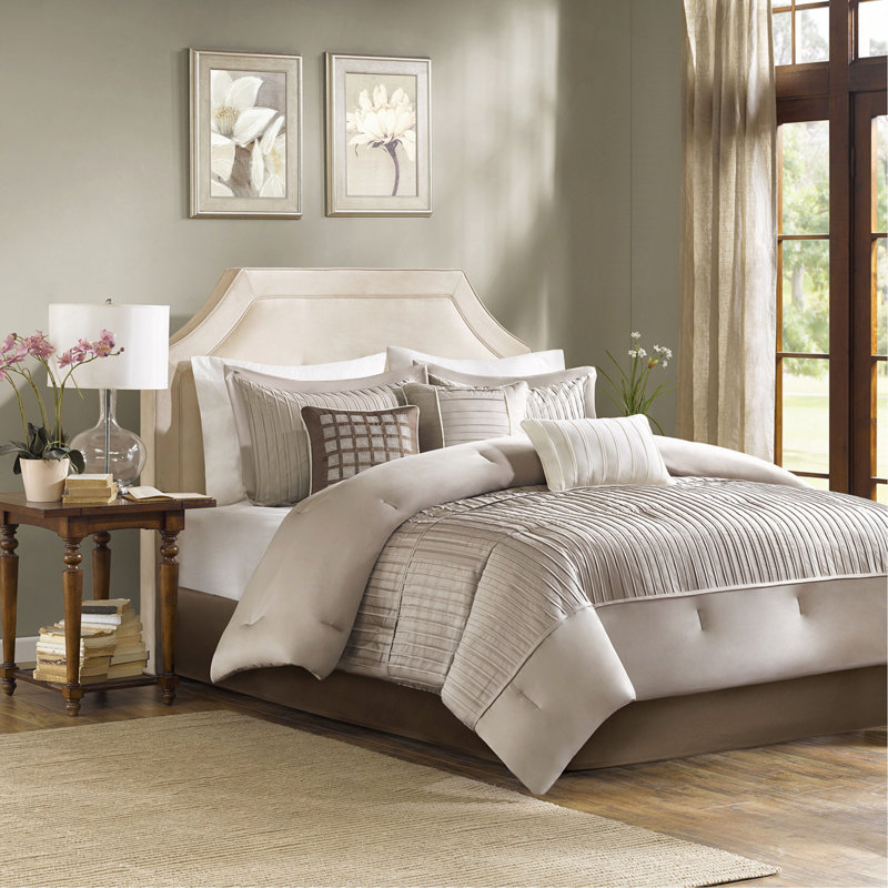 7 Piece Polyester Charmeuse Comforter Set Taupe Queen, Queen Comforter + 6 Additional Pieces