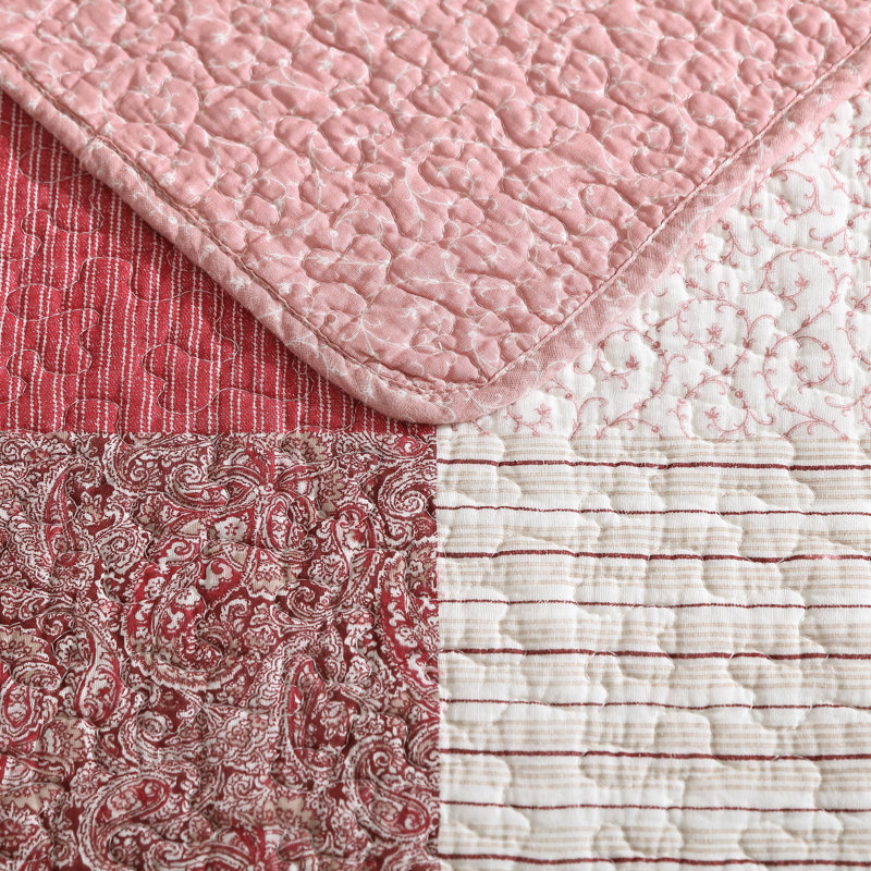 Celina Patchwork Red and Beige Cotton King Quilt Set
