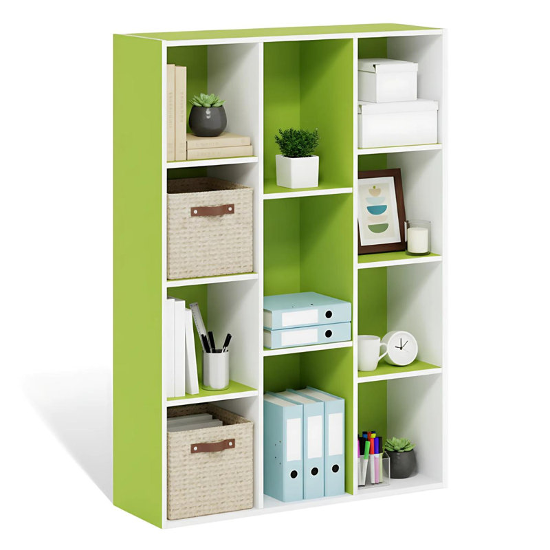 Luder 11-Cube Reversible Bookcase White and Green Cube Storage Kids Room Organizer Decor, White/Green