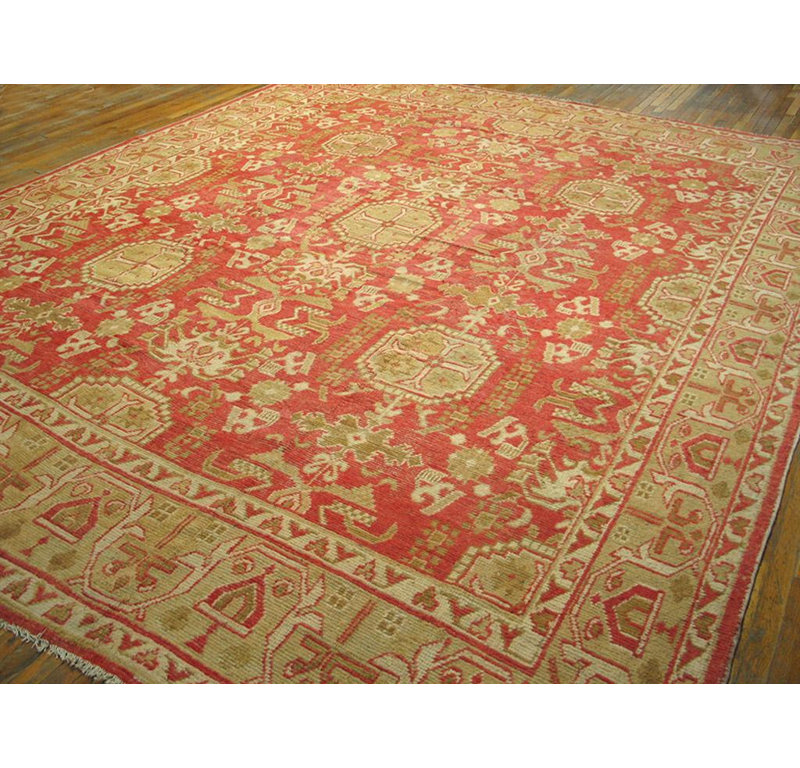 Attractive Apricot Ground & Beige Geometric Desing Antique Turkish Oushak Rug