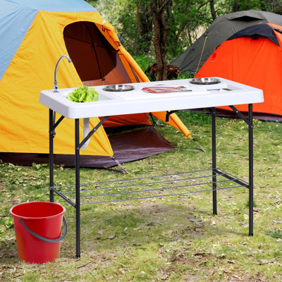 Station de nettoyage de poisson portable avec évier, table de camping et structure en acier, tuyau de drainage de robinet, ensemble d'accessoires, 50 po, capacité de 220 lb, table pliante en acier et accessoires, 50 po pour l'extérieur
