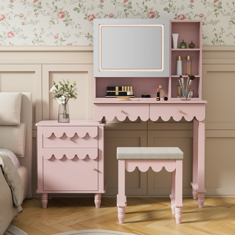 Dorlan 50'' Wide With Flower Shape Vanity With Stools And Mirrors, Pink