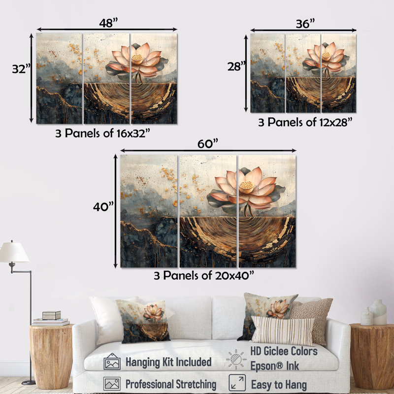 Fleurs de lotus, racines du lac - décoration murale Lotus - 3 pièces, H 28 po x l 36 po, Toile tendue, Ne s’applique pas