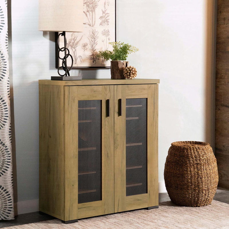 Armoire d'appoint avec porte en filet doré et chêne doré - 2 portes avec tablettes réglables