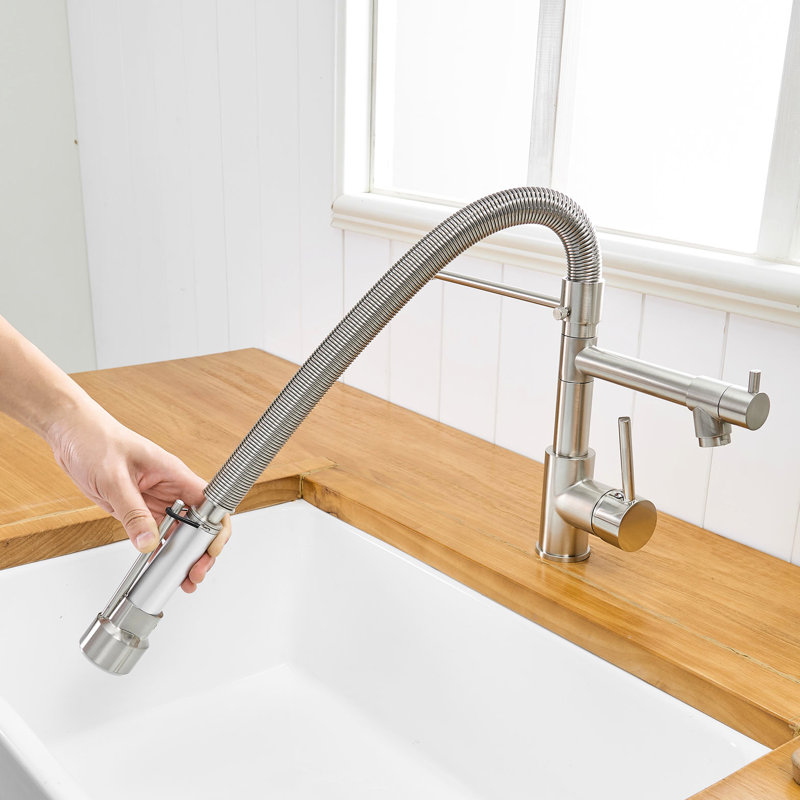 Robinet d'évier de cuisine contemporain avec rétractable en nickel brossé - matériau en laiton massif pour une utilisation à long terme, alimentation en eau de remplissage en céramique stable
