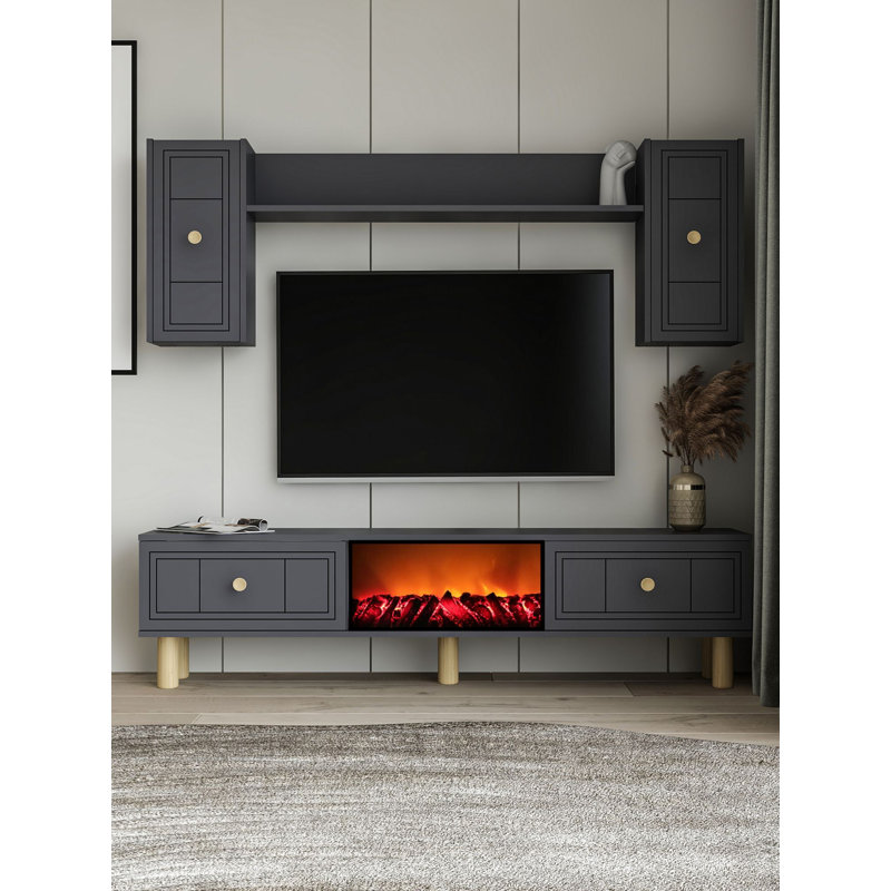 Meuble télé 59,1 po x 17,6 po x 11,6 po Modern Anthracite | 100% panneau de particules enduit de mélamine, épaisseur: 0,7 pouce | Nombreuses tablettes murales au design élégant pour le salon et les espaces de divertissement