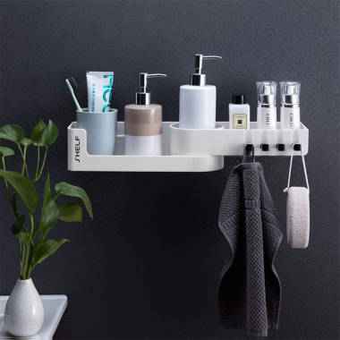 1 Set Rotatable Corner Shelf With 2 Hooks, Shower Shelf Organizer Rack,  Corner Shelf, Bathroom Shelf, Self Adhesive White Bathroom Shelves Basket,  Shower Corner Organizer Shelves, No Drilling Shower Storage Rack For