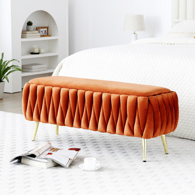 Oval Storage Bench With Gold Legs,Velvet Fabric ,Woven,Upholstered Ottoman Storage Benches For Bedroom End Of Bed,Sherpa Fabric Bench For Living Room, -  Everly Quinn, EF8EA014A444464C9FBDAC7CB0148AC5