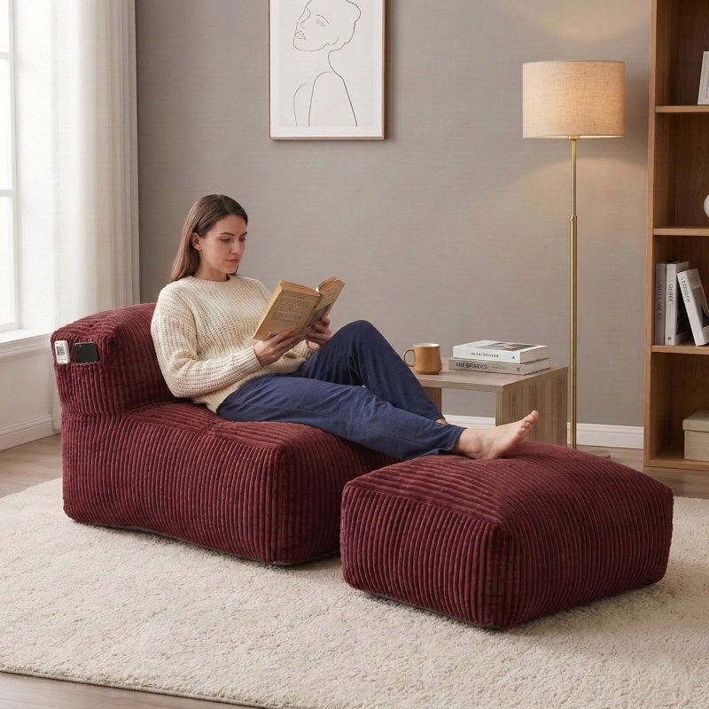 Chaise longue avec repose-pieds Corduroy Cloud, Rouge