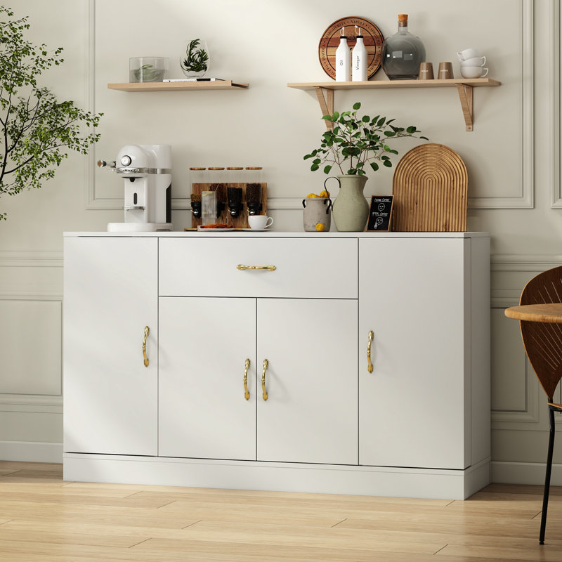 Buffet avec rangement, grande armoire de rangement pour la cuisine avec 1 tiroir et 4 portes, café moderne pour la salle à manger, blanc