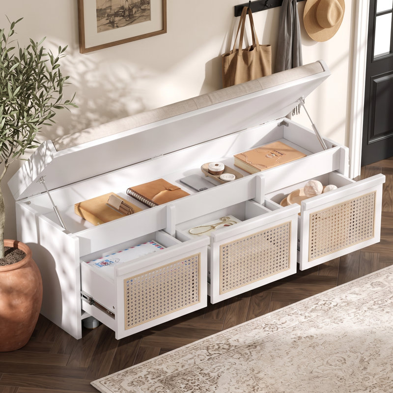 Banc de rangement pour hall d'entrée 48 po avec rangement dissimulé et tiroirs en rotin, Blanc