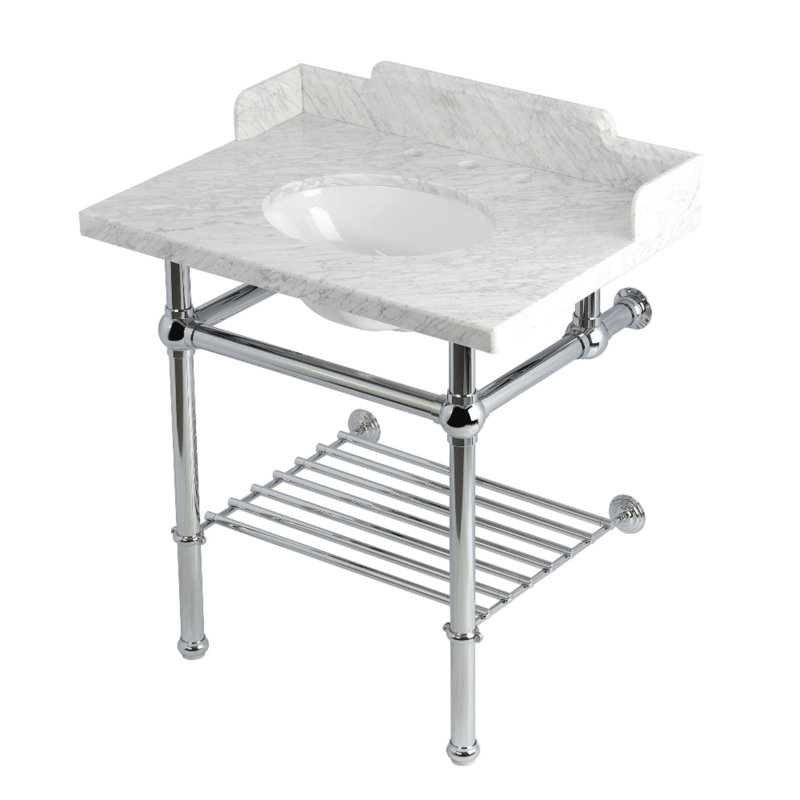 Kingston Brass Pemberton 30-Inch Carrara Marble Console Sink with Brass Legs and Shelf (8-Inch, 3-Hole)