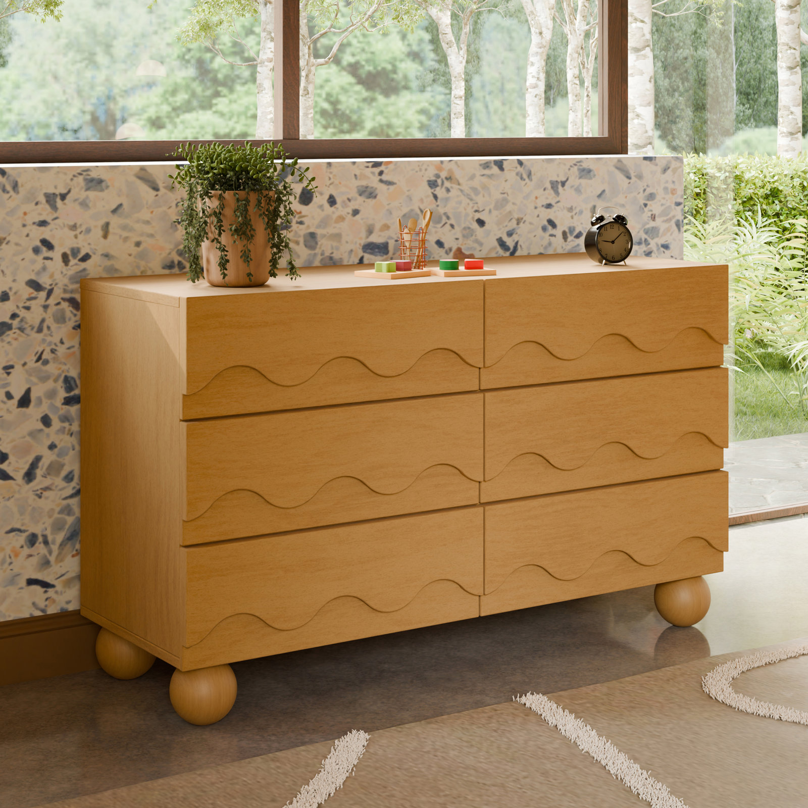 Lido Wave 6-Drawer Wide Assembled Dresser (56"), Honey