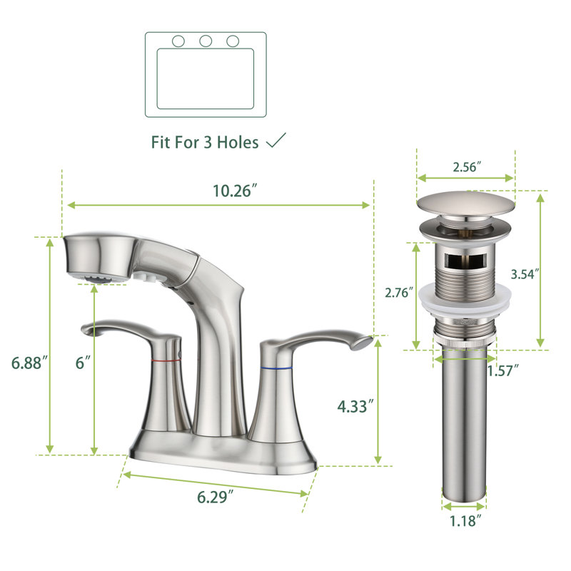 Robinet de lavabo pour salle de bain à 2 poignées et 4 poignées avec 3 trous avec douchette extractible et ensemble de drain