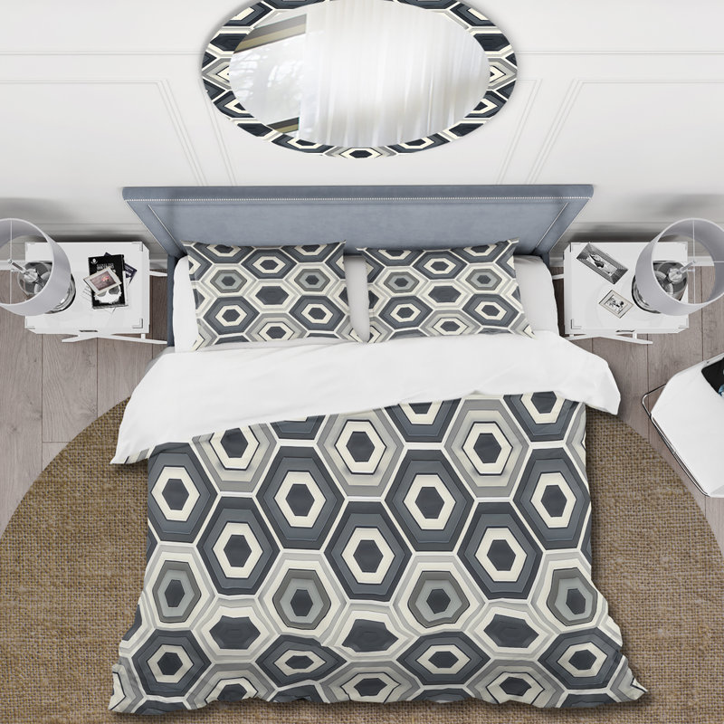 Ensemble de housse de couette traditionnelle à motif hexagonal gris, Housse de couette très grand + 2 très grandes ta