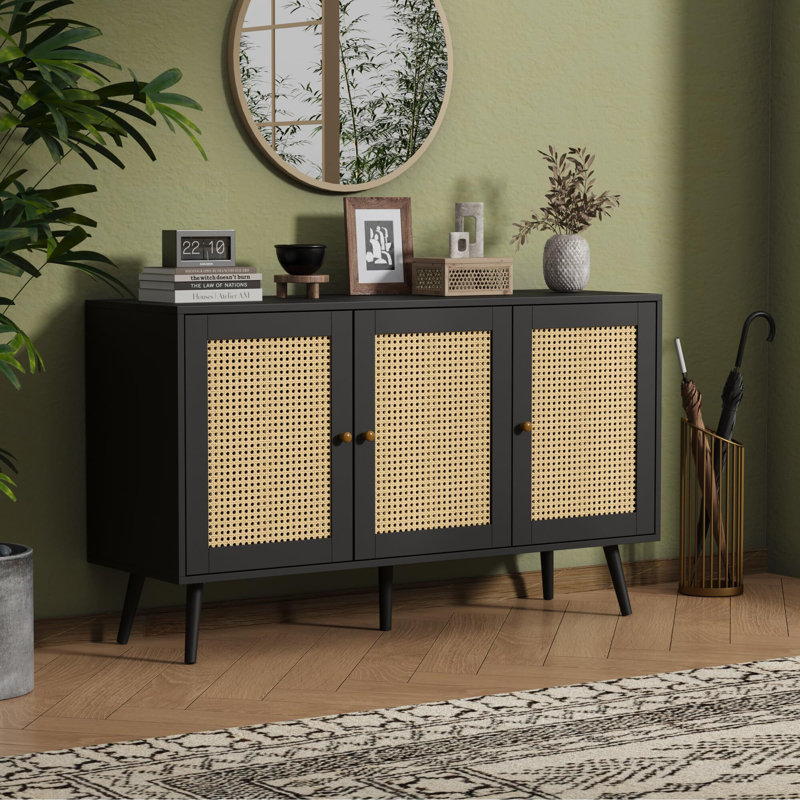 Modern Rattan Sideboard Buffet Cabinet with 3 Doors, Adjustable Shelves, Boho Storage Cabinet for Dining Room Living Room Entryway