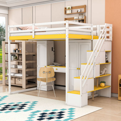 Full Size Loft Bed with Desk and Staircase,Shelves