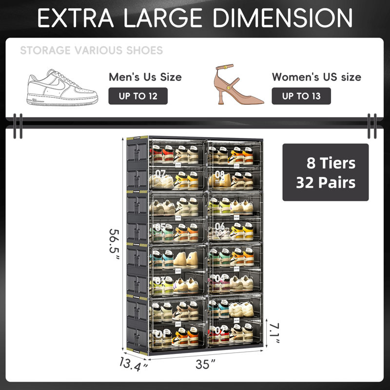  Modern Double Column 8-Tier Foldable Shoe Cabinet With Magnetic Doors, Black Storage Organizer For Entryway Or Closet, 8