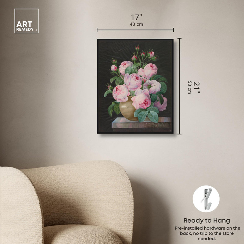«Pink Roses in a Vase» par Art Remedy, Noir, H 21 po x l 17 po, Floater Frame