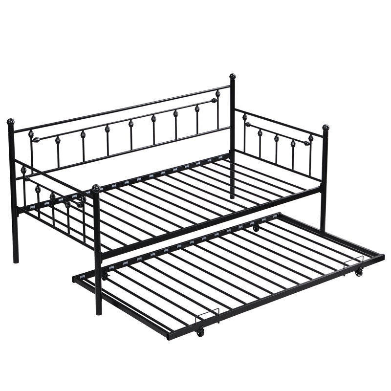 Daybed With Trundle In Black - Save Space Modern Design, Strong Metal Structure For Durability, Quiet And Stable, Easy Assembly Included, No Box Spring Required, Supports 250/350 Lbs Color Elegance,
